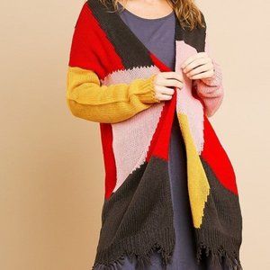 Colorblock Cardigan Distressed Hem